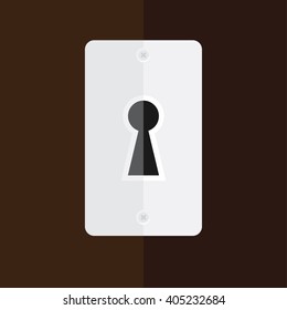 Vector illustration silver keyhole in wooden door. Key hole icon