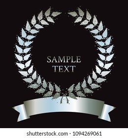 Vector illustration of Silver laurel wreath with sparkles and ribbon on a black background.