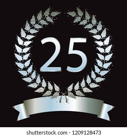 Vector illustration of Silver laurel wreath with sparkles and ribbon. 25 th anniversary. 25 years.
