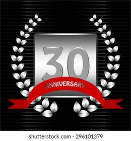 Vector illustration of Silver laurel wreath and red ribbon on a black background. Anniversary - 30 th years