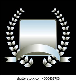 Vector illustration of Silver laurel wreath and silver ribbon on a black background.
