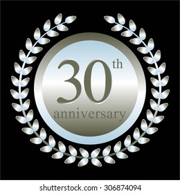 Vector illustration of Silver laurel wreath on a black background. 30 th anniversary.
