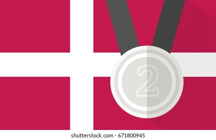 vector illustration of silver medal with number two on denmark flag background