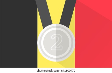 vector illustration of silver medal with number two on belgium flag background