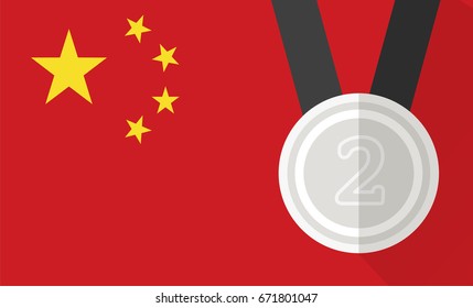 vector illustration of silver medal with number two on china flag background