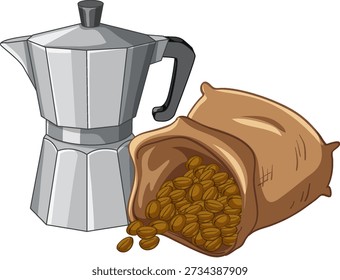 Ilustração vetorial de um pote de moka prata ao lado de um saco de serapilheira derramando grãos de café torrados