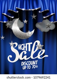 Vector illustration with silver moon and stars, clouds and theater curtains. Night sale