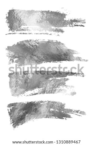 Vector illustration of silver paint smear stroke stain set. Abstract silver glittering textured art illustration. Abstract chrome foil glittering textured art.