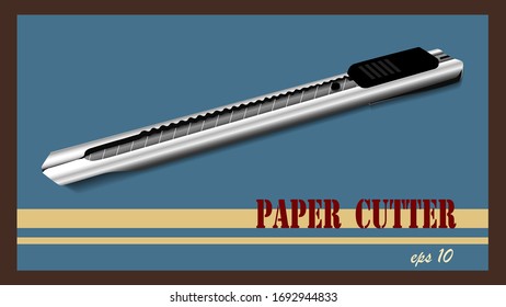 Vector illustration of a silver paper cutter knife with a blue vintage background.