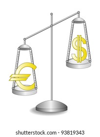 The vector illustration of the silver scales with the  golden emblems of the dollar and euro on them.