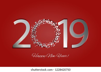 Vector illustration of Silver stars on a red background. Happy New Year 2019!