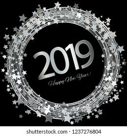 Vector illustration of Silver stars on a black background. New Year 2019