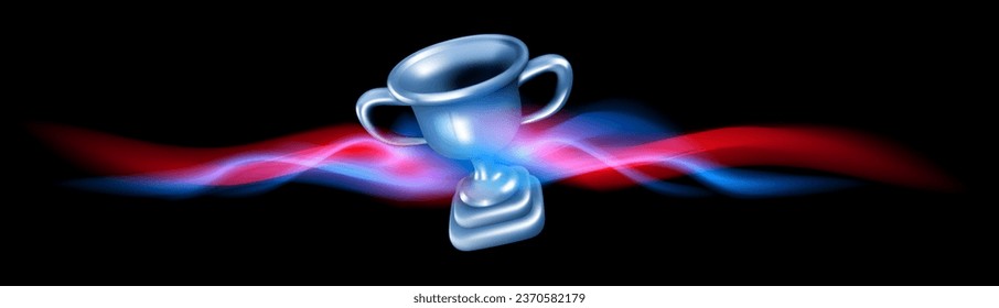 Vector illustration of silver winner cup with glow trail on black background. 3d style design of winner silver award for web, site, banner, poster