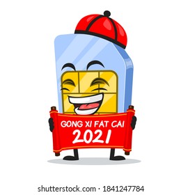vector illustration of sim card mascot or character holding red scroll and says happy chinese new year 2021