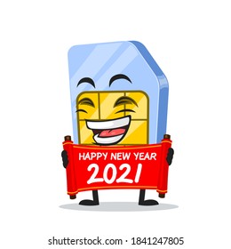 vector illustration of sim card mascot or character holding red scroll and say happy new year