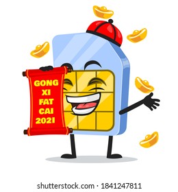 vector illustration of sim card mascot or character holding red scroll and says happy chinese new year 2021