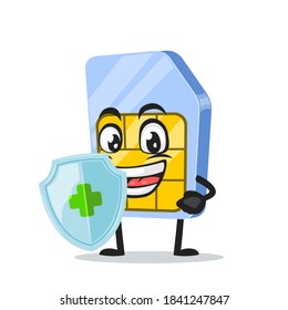 vector illustration of sim card mascot or character holding shield for protection