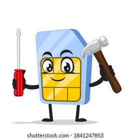 ilustración vectorial de la mascota de la tarjeta sim o del martillo y destornillador de retención de caracteres