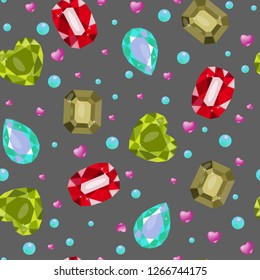Vector illustration of simles gems pattern. On grey dark background. Ruby, Topaz, opal, aquamarine. Gift, decoration, card, certificate, occasion, invitation, wrapping paper, fabric, textile.