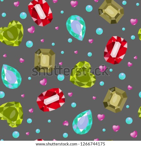 Vector illustration of simles gems pattern. On grey dark background. Ruby, Topaz, opal, aquamarine. Gift, decoration, card, certificate, occasion, invitation, wrapping paper, fabric, textile.