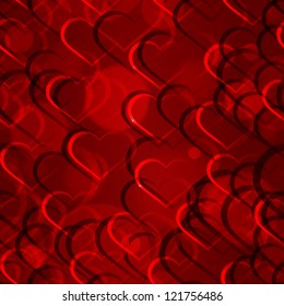 Vector illustration of simmering hearts and bokeh light effect seamless background