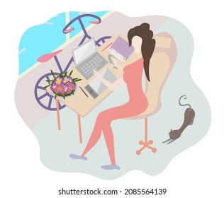 Vector illustration. Simple art. Girl works. Flat illustration.