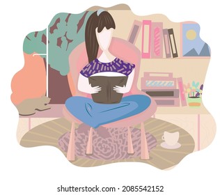 Vector illustration. Simple art style. Girl reading a book and sitting on her chair in her room. Girls life. Getting education.