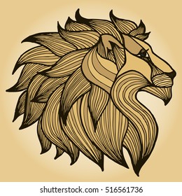 Vector illustration, simple artline sketch, head of a lion, gradient background, card concept.