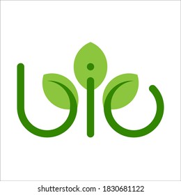 Vector illustration of a simple bio icon. Bio lettering with green leaves, logo for eco-friendly products