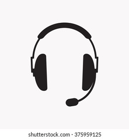 Vector illustration of simple black gray headphones with microphone on white background