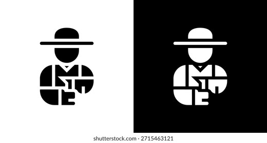 Ilustración vectorial de un simple ícono negro que muestra la silueta de un hombre con un sombrero, camisa con cuello y pantalones sobre fondo transparente.