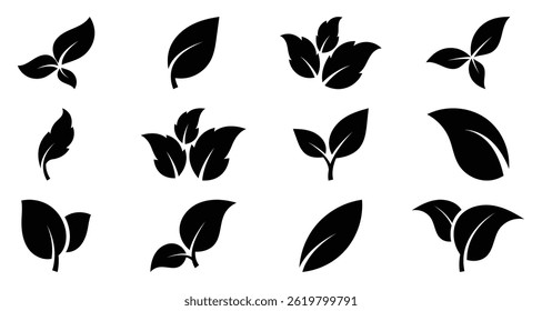 Ilustración vectorial de hojas negras sencillas, con Pequeñas ramas de hierbas, perfectas para símbolos ecológicos, etiquetas orgánicas o estilo de arte Clip. Ilustración vectorial.