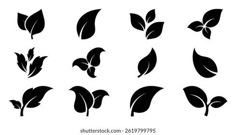 Vector illustration of simple black leaves, featuring small herb branches, perfect for eco symbols, organic labels or clip art style. Vector illustration.