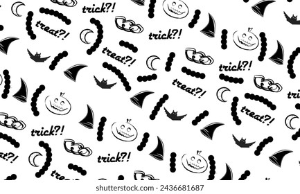 vector illustration of a simple black line pattern in the form of a cloud, a witch's hat, a pumpkin, a crescent moon, the word treat, the word trick, on a white background. Halloween Doodle pattern.