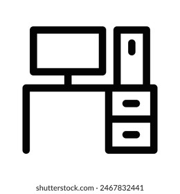 Vector illustration of a simple black outline of a desktop computer with a monitor and drawers, on a white background. Editable stroke.