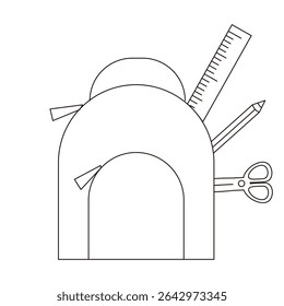 Vector illustration of simple black outline School Backpack isolated transparent background. Backpack with School supplies. EPS 10