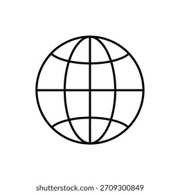 Vector illustration of simple black outline icon of a globe representing the world or internet.