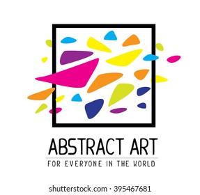 Vector illustration of simple black square frame with colorful spots and text isolated on white background. Art design for web, site, advertising, banner, poster, brochure, board, card, paper print.