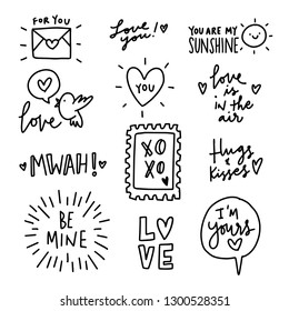 Vector illustration of simple black and white line art valentine's day heart and love doodles