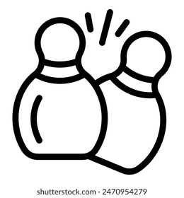 Vector illustration of a simple black and white line art cartoon bowling strike symbol hitting pins in a leisure activity game