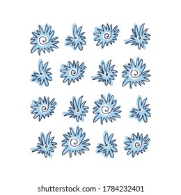 Vector illustration with simple blue flowers. Flat floral elements for on white background