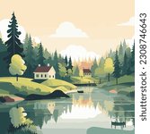 Vector illustration with a simple bright landscape with beautiful houses, lake and mountains in the background
