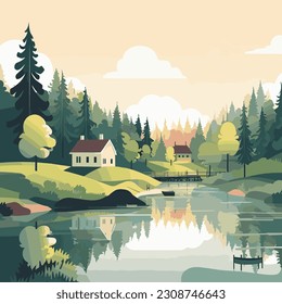 Ilustración vectorial con un simple paisaje brillante con hermosas casas, lago y montañas en el fondo