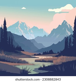 Vector illustration with a simple bright landscape with beautiful lake and mountains in the background of beautiful sky