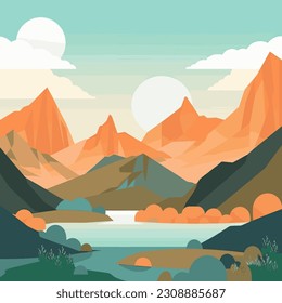Ilustración vectorial con un simple paisaje brillante con un hermoso lago y montañas en el fondo de un hermoso cielo