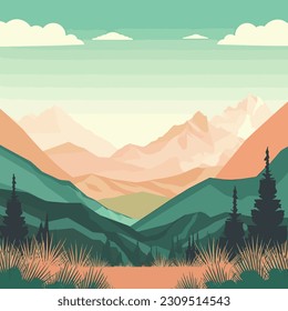 Vector illustration with a simple bright landscape with beautiful lake and mountains in the background of beautiful sky