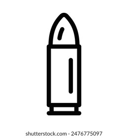 Ilustración vectorial de un simple ícono de bala en blanco y negro, perfecto para diseños militares o con temática de armas. Trazo editable.