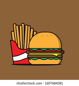 Vector Illustration of Simple Burger Set. Burger with Cheese, soda and French Fries.