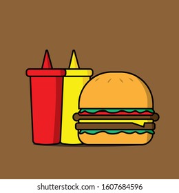 Vector Illustration of Simple Burger Set. Burger with Cheese, soda and French Fries.