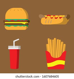 Vector Illustration of Simple Burger Set. Burger with Cheese, soda and French Fries.